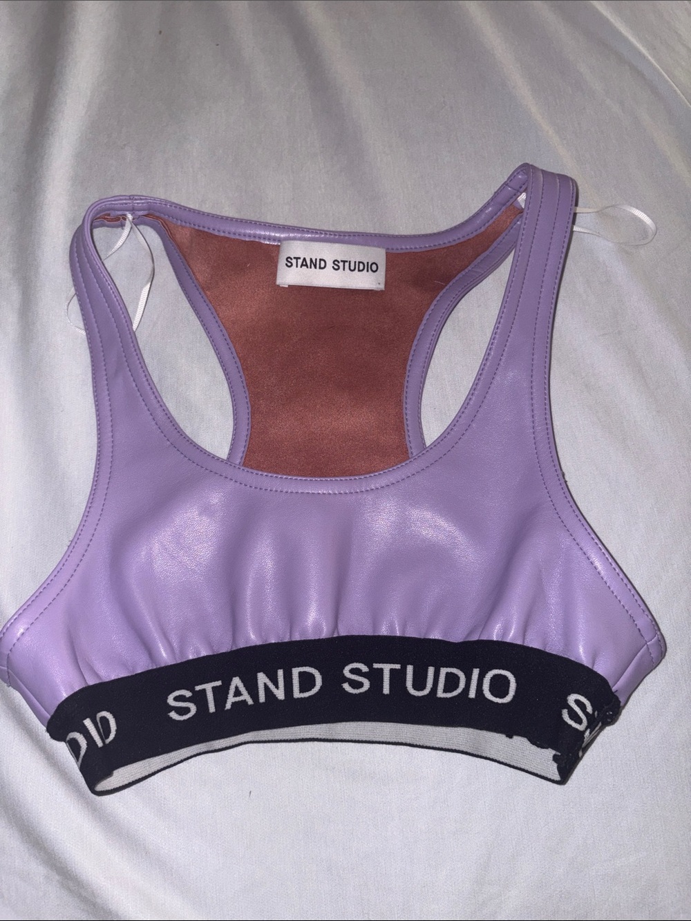 Stand Studio Purple Faux-Leather Sports Bra with Black Logo Band